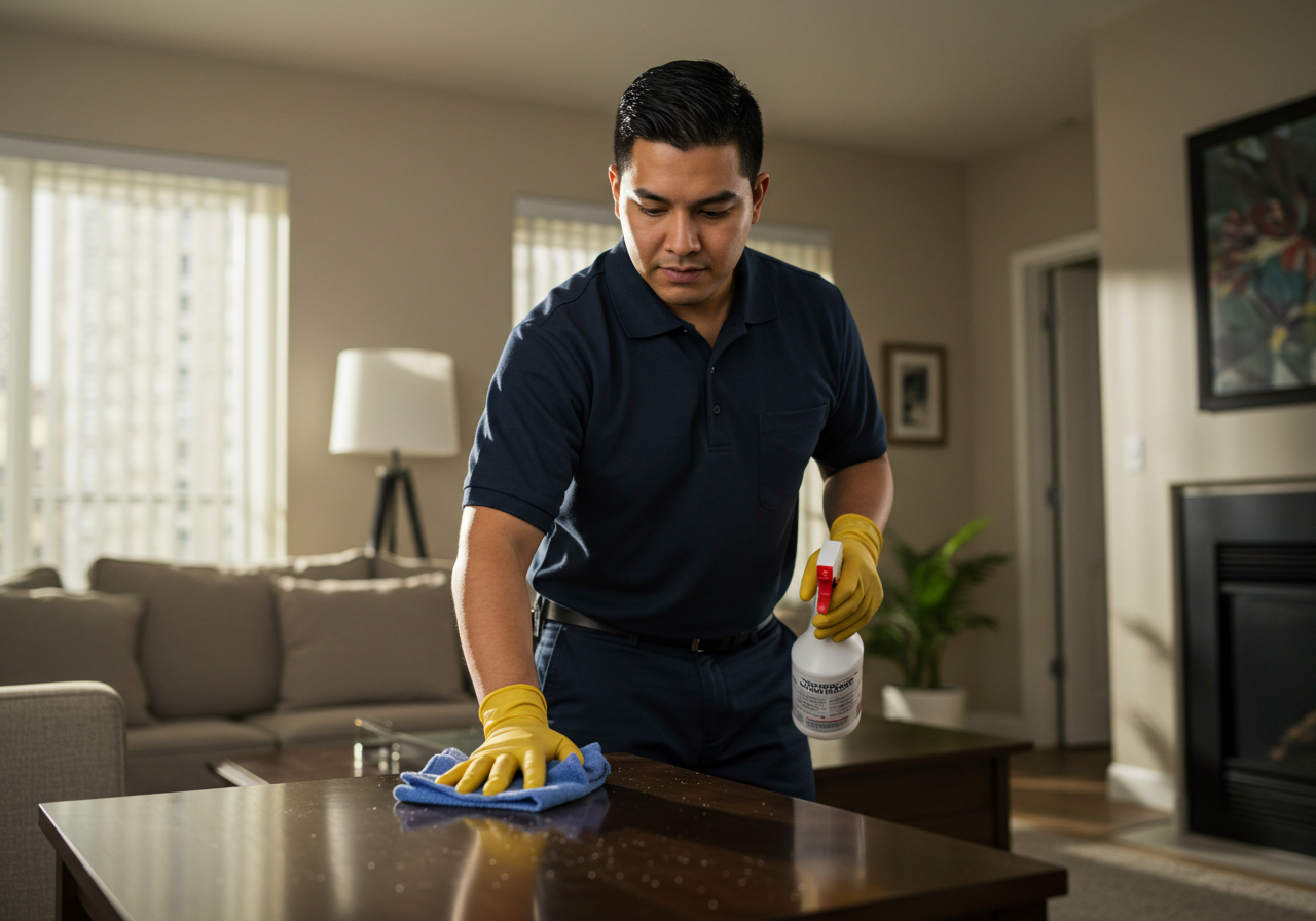 Professional office cleaning team sanitizing workstations in a modern office environment